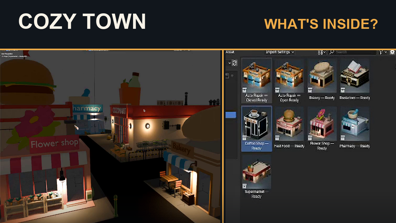 Cozy Town Blender asset pack product walkthrough thumbnail
